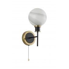 single wall light in brass and black with marble effect glass shade
