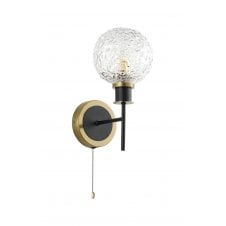single wall light in brass and black with round crumple glass shade