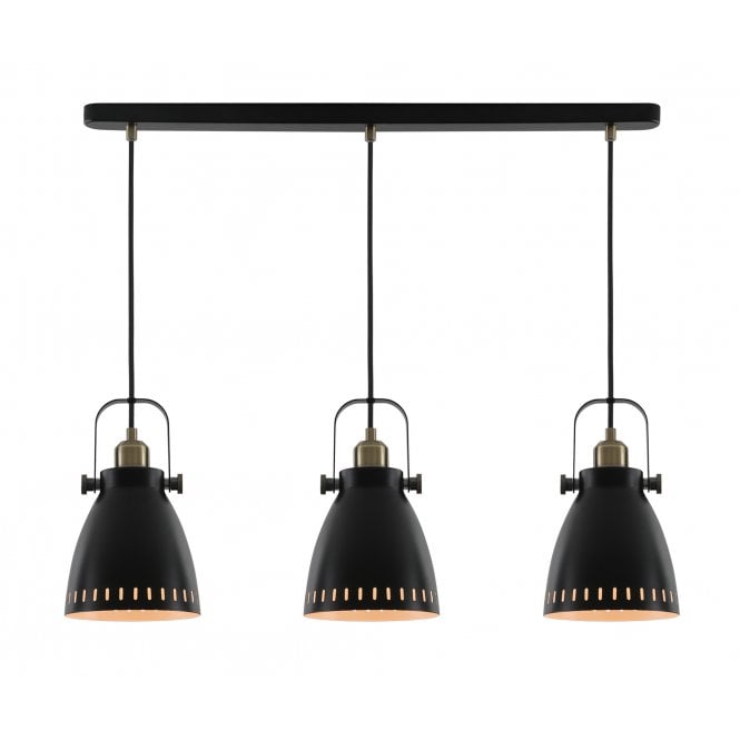 MINSTER Retro 3 Light Ceiling Pendant Bar Matt Black/Antique Brass/Khaki