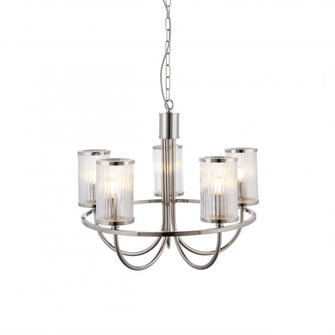 MIST 5 Light Ceiling Pendant in Bright Nickel with Ribbed Bubble Glass