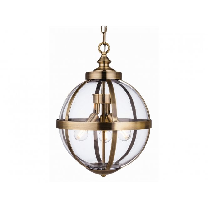 MONROE 3 Light Ceiling Pendant in Antique Brass with Clear Glass