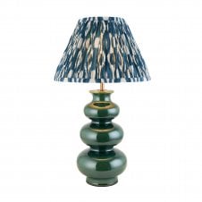 green ceramic table lamp with blue ikat pattern lampshade