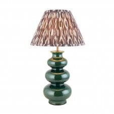 green ceramic table lamp with grey ikat pattern shade