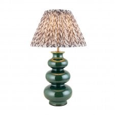 green ceramic table lamp with grey leaf pattern lampshade