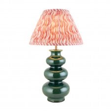 green ceramic table lamp with coral pink ripple pattern lampshade