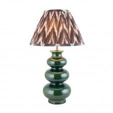 green ceramic table lamp with grey zigzag pattern lampshade