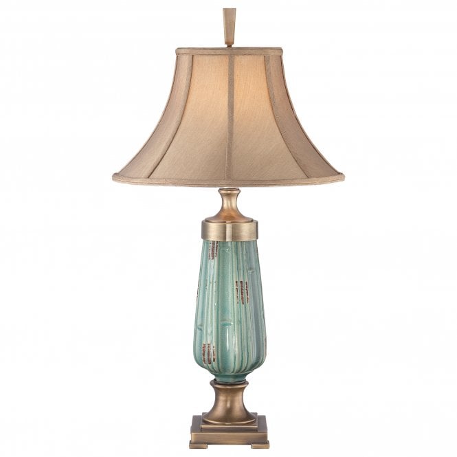 MONTEVERDE ceramic green table lamp with aged brass accents complete with tan shade
