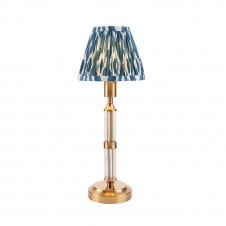 brass rechargeable table lamp with blue ikat pattern shade