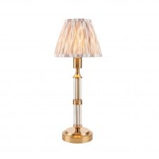 brass rechargeable table lamp with neutral ikat pattern shade
