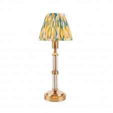 brass rechargeable table lamp with yellow & jade ikat pattern shade