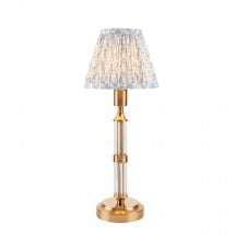 brass rechargeable table lamp with blue leaf pattern shade