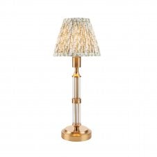 brass rechargeable table lamp with green leaf pattern shade