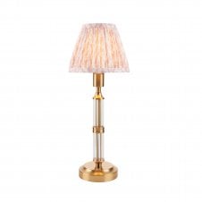 brass rechargeable table lamp with peachy pink leaf pattern shade
