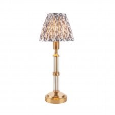 brass rechargeable table lamp with grey leaf pattern shade