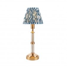 brass rechargeable table lamp with blue ripple pattern shade