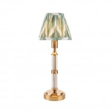 brass rechargeable table lamp with green zigzag pattern shade
