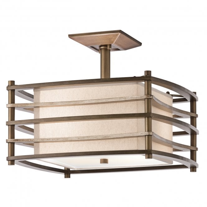 MOXIE box Art Deco semi flush ceiling light with bronze bar frame & fabric inner shade