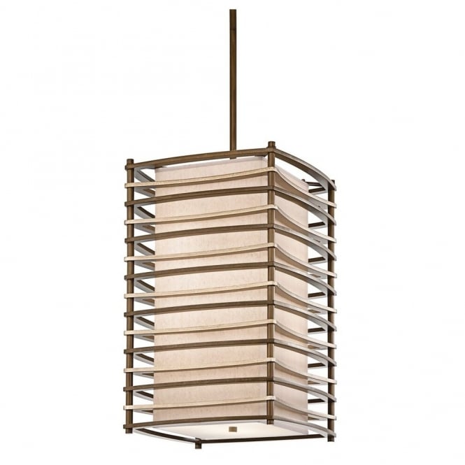 MOXIE linear box Art Deco ceiling pendant with bronze bar frame & fabric inner shade