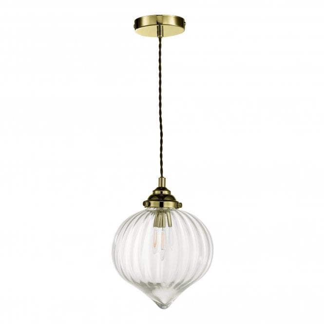 MYA Single Ceiling Pendant in Antique Brass with Ribbed Glass