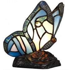 MYA Tiffany butterfly table lamp in blue and pink glass with crystal detail