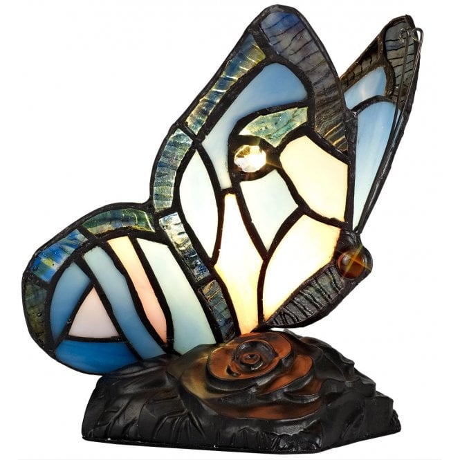 MYA Tiffany butterfly table lamp in blue and pink glass with crystal detail
