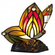 MYA Tiffany butterfly table lamp in green and red glass with crystal detail
