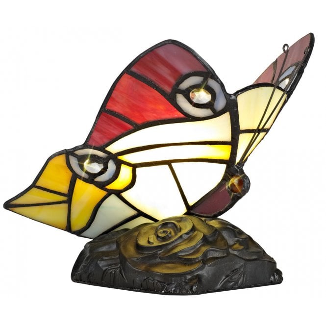 MYA Tiffany butterfly table lamp in red yellow and blue glass with crystal detail