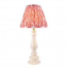 white spindle table lamp with coral ikat tapered shade