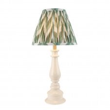 almond white spindle table lamp with green zigzag pattern shade