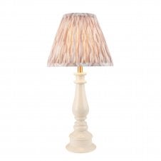 white spindle table lamp with neutral ikat pattern shade