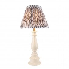 white spindle table lamp with grey ripple pattern shade
