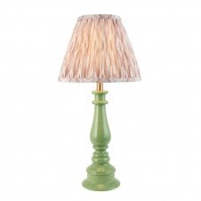 green spindle table lamp with neutral ikat shade