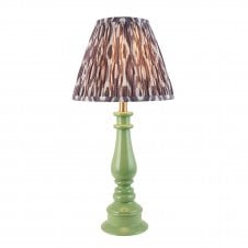 green spindle table lamp with grey ikat pattern shade