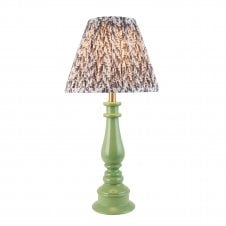 green spindle table lamp with grey leaf pattern shade