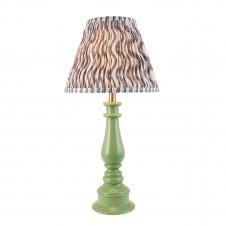 green spindle table lamp with grey ripple pattern shade