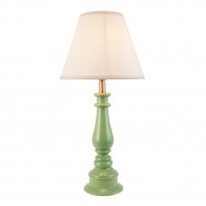 green spindle table lamp with white tapered shade