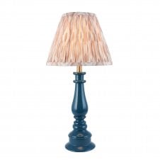 blue spindle table lamp with neutral ikat pattern shade
