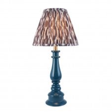 blue spindle table lamp with grey ikat pattern shade