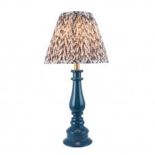 blue spindle table lamp with grey leaf pattern shade