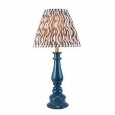 blue spindle table lamp with grey ripple pattern shade