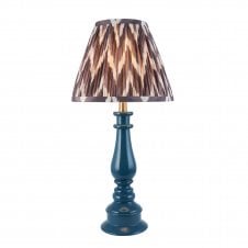 blue spindle table lamp with grey zigzag pattern shade