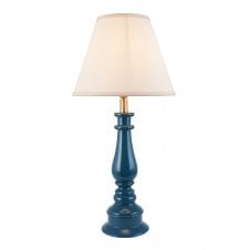 blue spindle table lamp with white cotton shade