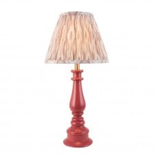 pink spindle table lamp with neutral ikat pattern shade