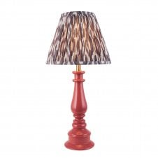 pink spindle table lamp with grey ikat pattern shade