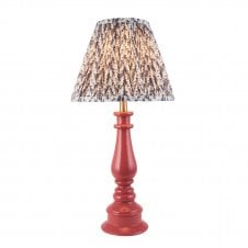 pink spindle table lamp with grey leaf pattern shade