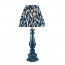 blue spindle table lamp with blue ikat pattern shade
