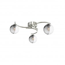 NAKITA 3 Light Semi Flush Ceiling Fixture in Chrome with GL18 Smoked & Clear Ribbed Glass