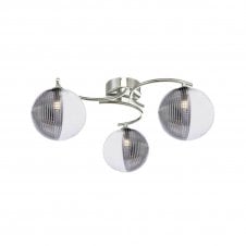 NAKITA 3 Light Semi Flush Ceiling Fixture in Chrome with GL19 Smoked & Clear Ribbed Glass Shade