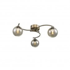 NAKITA 3 Light Semi Flush Ceiling in Antique Brass with GL1 Smoked Glass Globe Shade