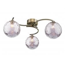 3 Light Semi Flush Ceiling In Antique Brass With GL10 Smoked Dimpled Glass Shade